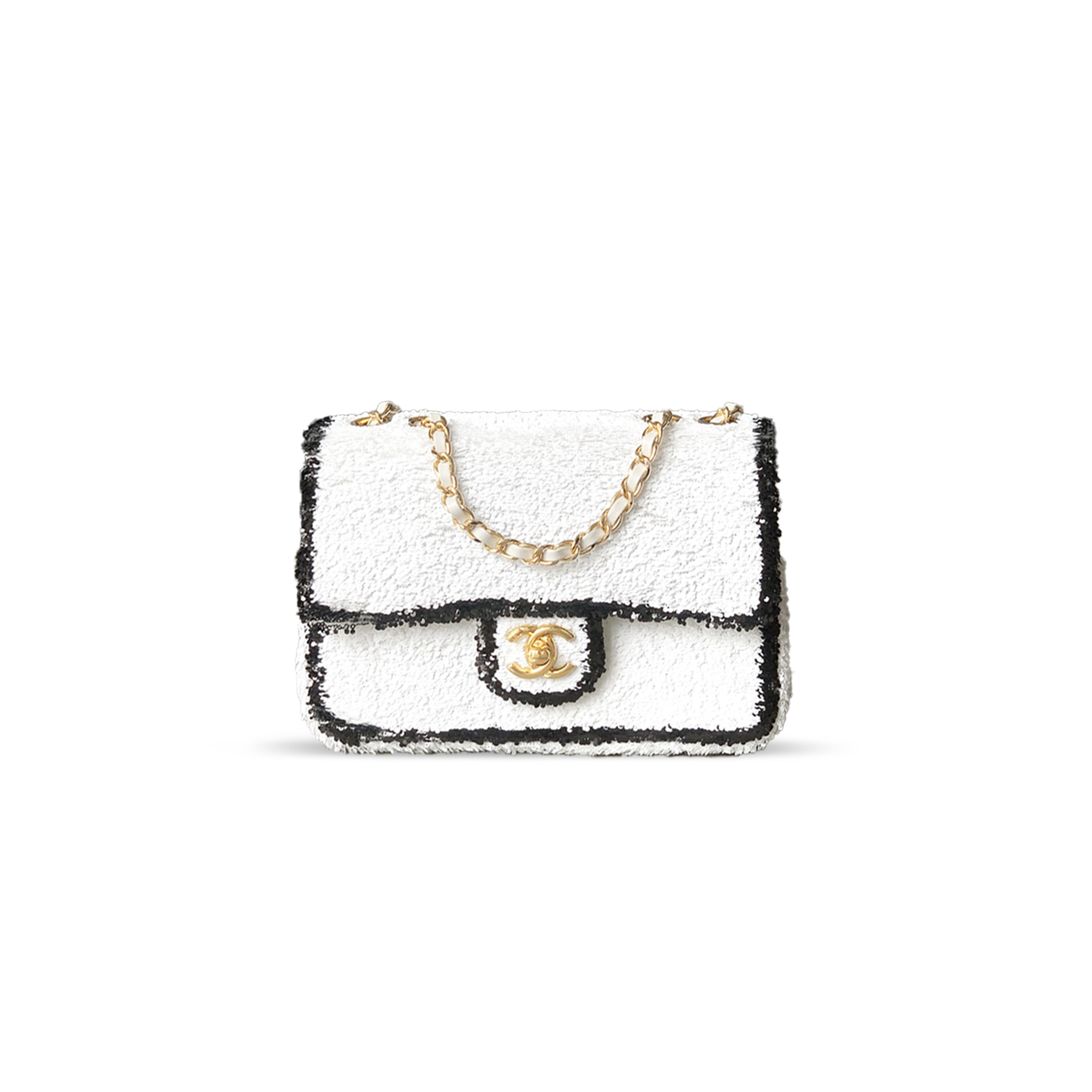 CHANEL CLASSIC FLAP BAG SEQUINS & GOLD METAL WHITE 296136 (20*13*7cm)